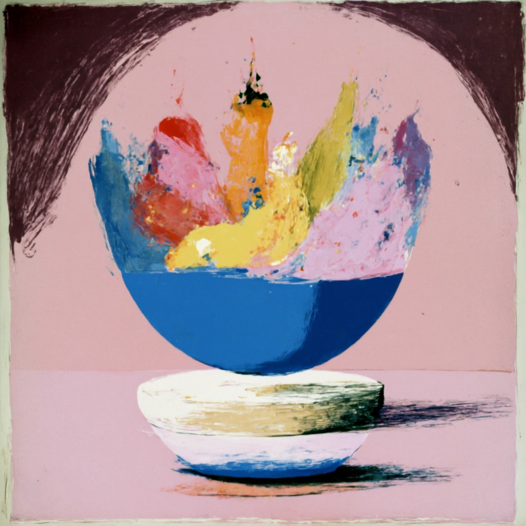 Abstract bowl composition in pastel pink and blue tones.