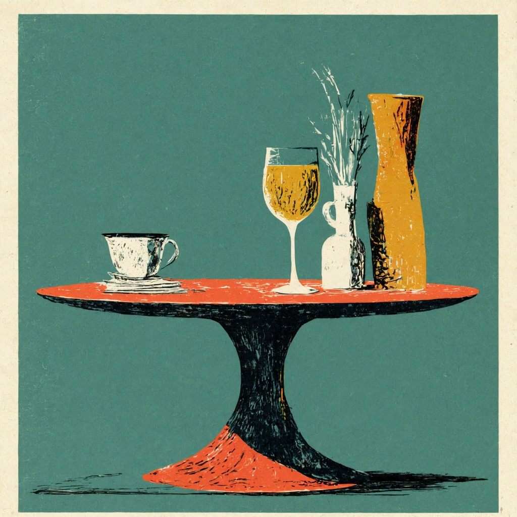 Still life table scene with cup, glass, and bottle.