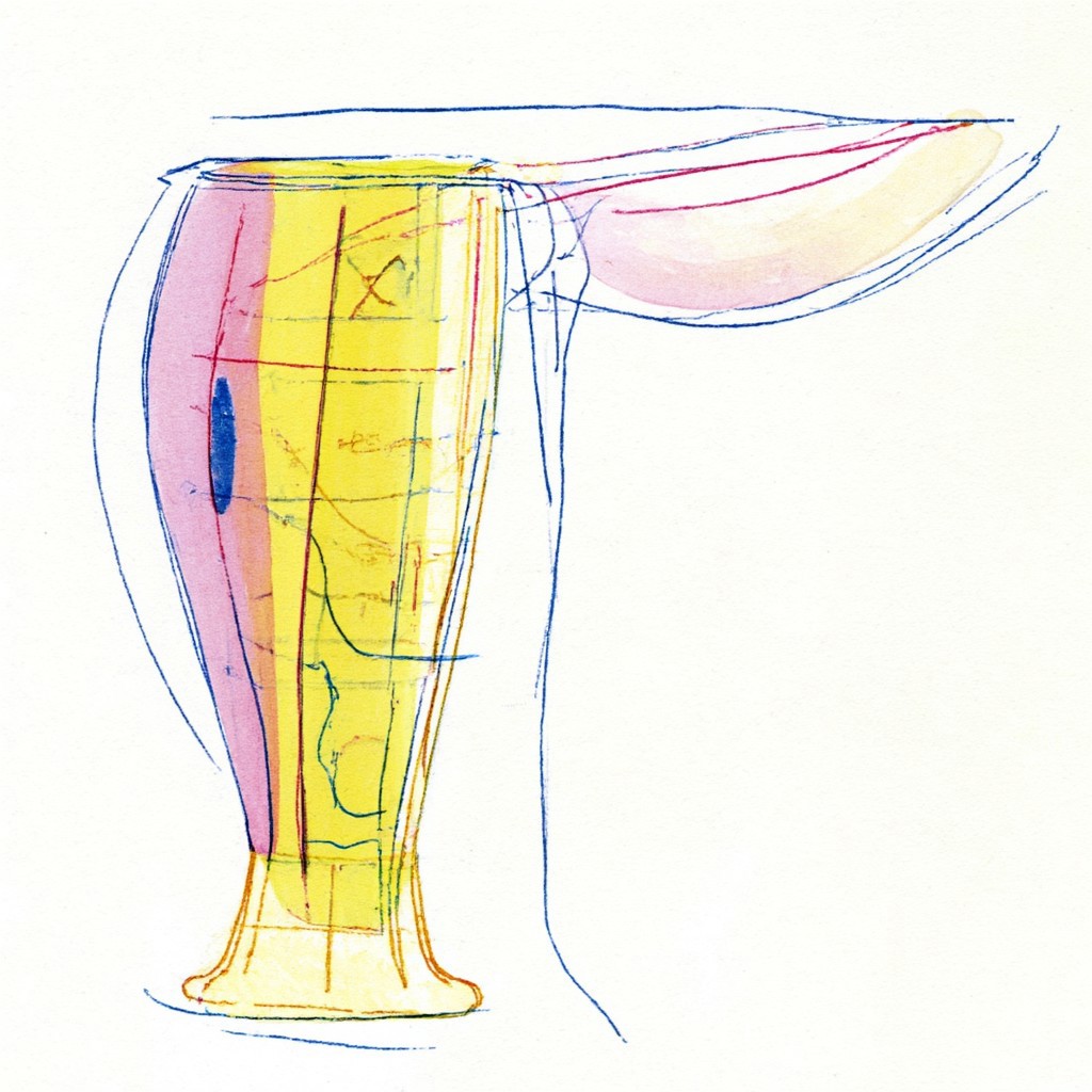 Sketch-like abstract vessel with linear blue strokes.