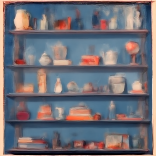 Blue shelf composition with varied object silhouettes.