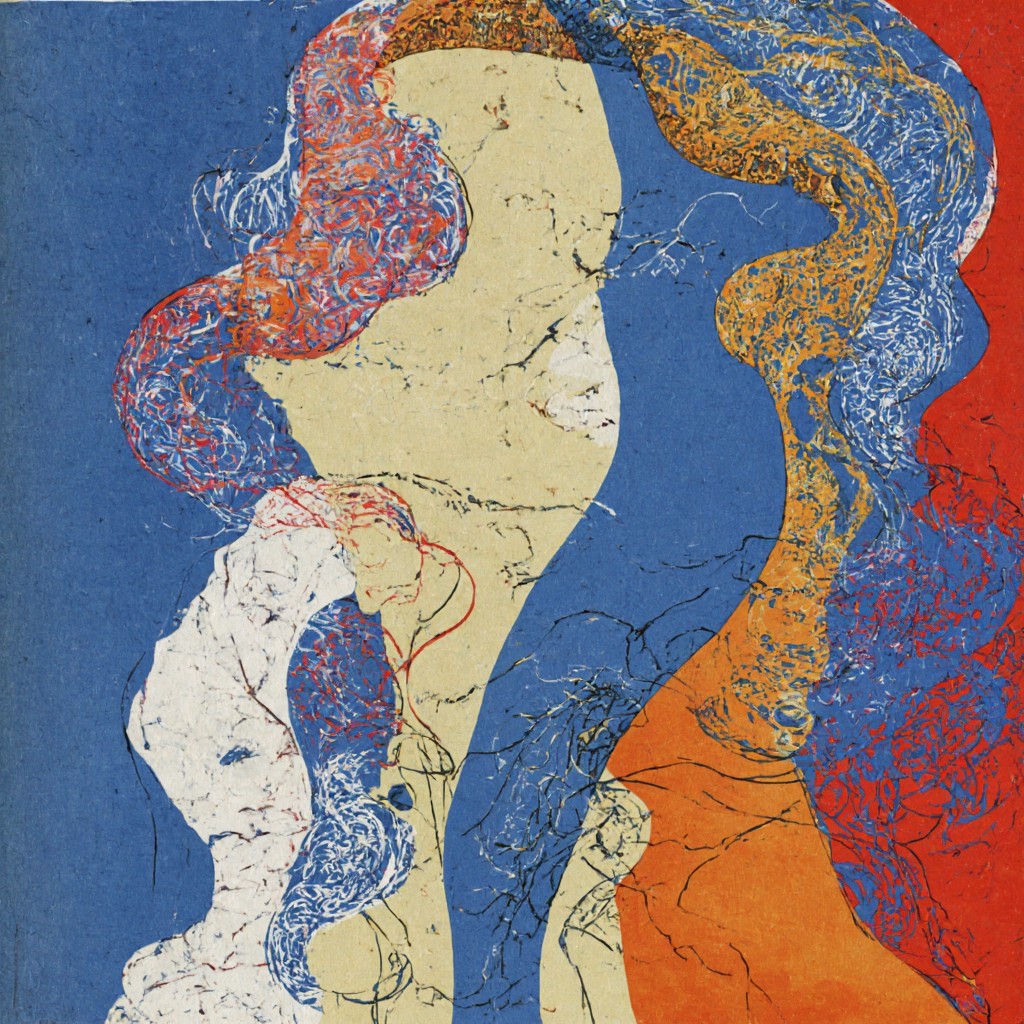 Textured portrait artwork in layered blue, orange, and cream tones.