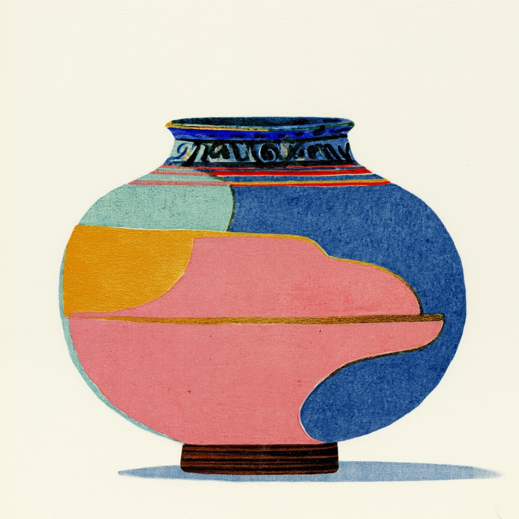 Illustrated ceramic vase with colorful layered shapes.