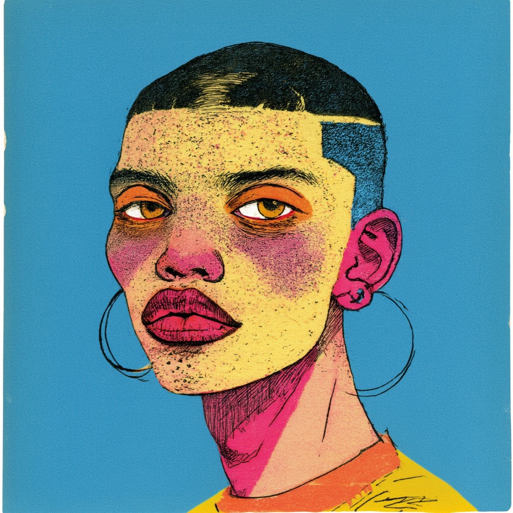 Sketch-like illustrated character.