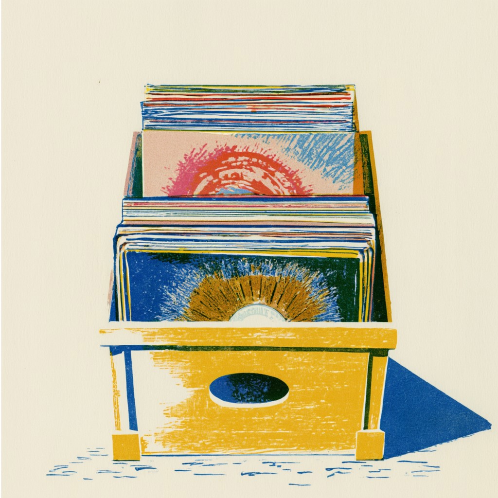 Illustrated crate of vinyl records in a catalog view.